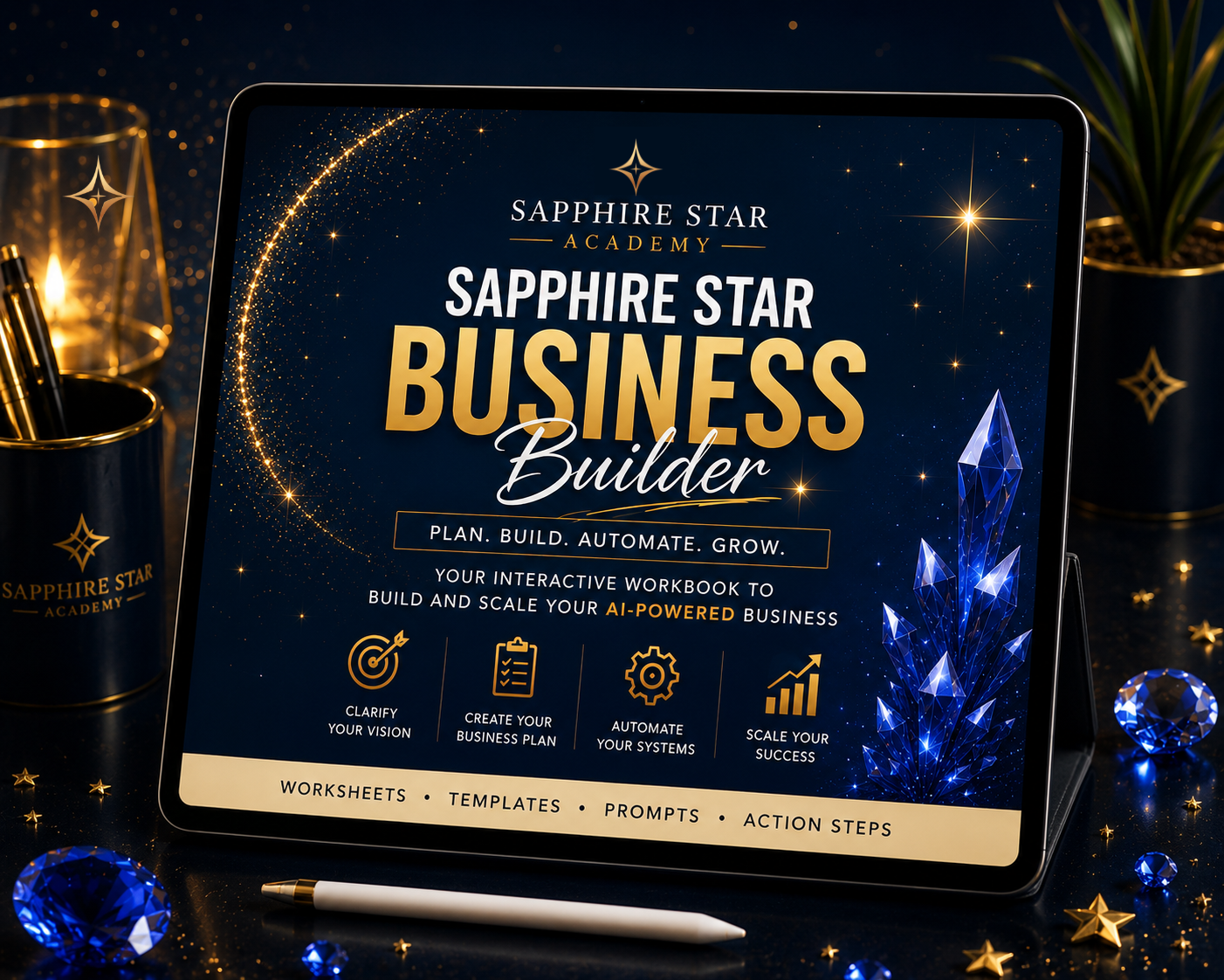 Interactive Sapphire Star Business Builder digital workbook featuring guided planning worksheets, business strategy templates, and action steps for entrepreneurs and small business owners.